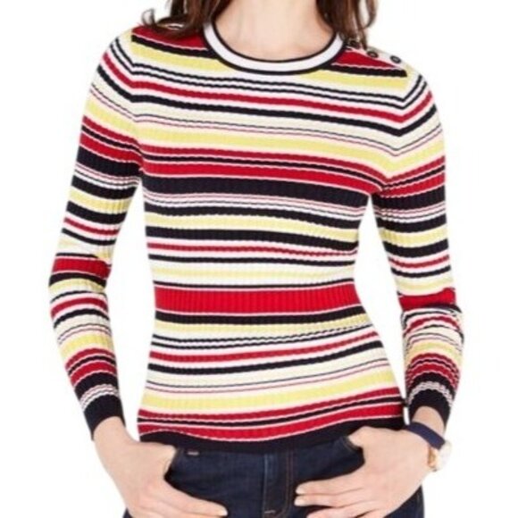 Tommy Hilfiger Striped Ribbed Sweater Button Shoulder Red Yellow Black Large - Picture 1 of 10